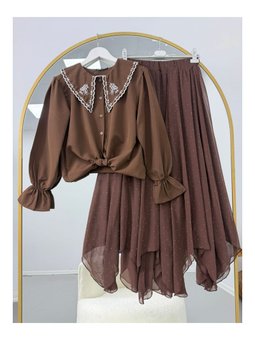 Nakışlı Bebek Yaka Taş Detaylı Etekli Kahverengi Takım