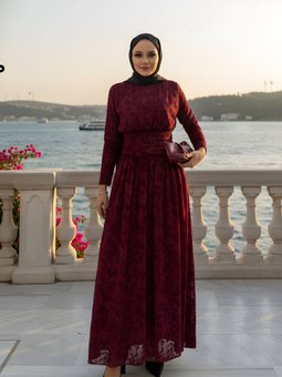 Bordo Dantel Bel Detaylı Abiye Elbise