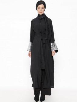Gümüş Siyah Kolları Payetli Abaya