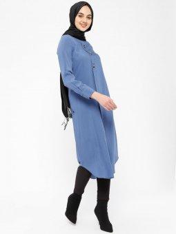 Düğme Detaylı İndigo Tunik