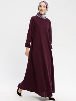 Kol Ucu Lastikli Mürdüm Elbise