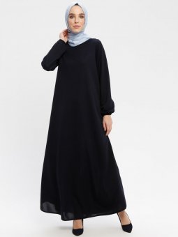 Kol Ucu Lastikli Lacivert Elbise