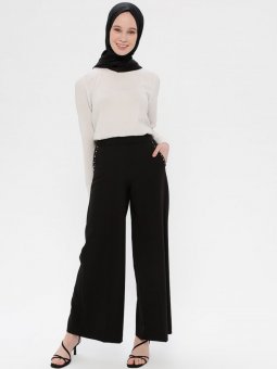Beli Lastikli Bol Paça Siyah Pantolon