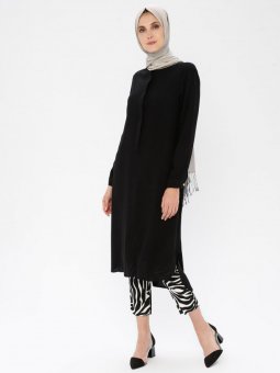 Gizli Düğmeli Detaylı Siyah Tunik