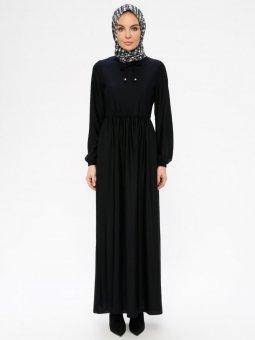 Belden Büzgülü Lacivert Elbise