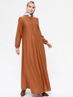 Düğme Aksesuarlı Basic Taba Elbise