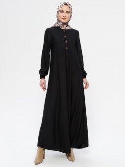 Düğme Aksesuarlı Basic Siyah Elbise