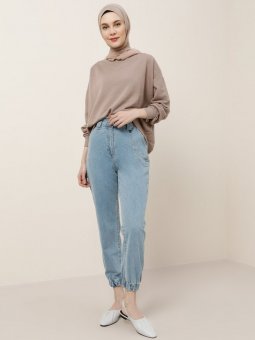 Doğal Kumaşlı Zincir Detaylı Buz Mavi Kot Pantolon