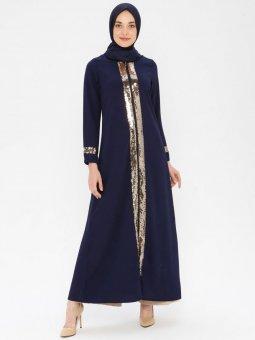 Payet Detaylı Lacivert Altın Ferace