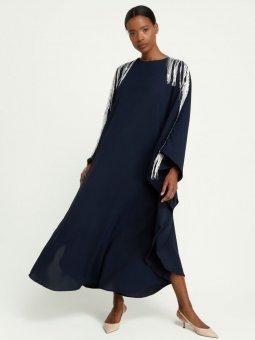 Yarasa Kollu Püsküllü Lacivert Gümüş Elbise