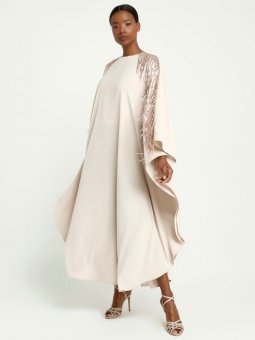 Yarasa Kollu Püsküllü Bej Elbise