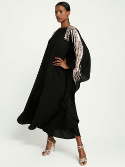 Yarasa Kollu Püsküllü Siyah Dore Elbise