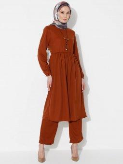 Kolyeli Tunik&Pantolon İkili Taba Takım