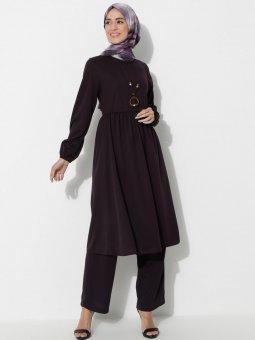 Kolyeli Tunik&Pantolon İkili Mürdüm Takım