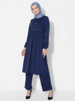 Kolyeli Tunik&Pantolon İkili İndigo Takım