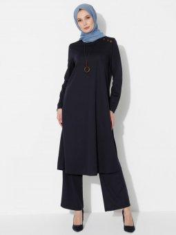 Kolyeli Tunik&Pantolon İkili Lacivert Takım