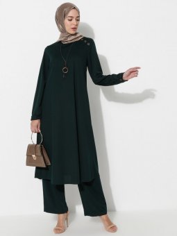 Kolyeli Tunik&Pantolon İkili Zümrüt Yeşili Takım