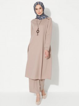Kolyeli Tunik&Pantolon İkili Bej Takım