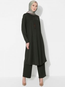 Kolyeli Tunik&Pantolon İkili Haki Takım
