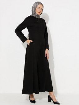 Çift Cepli Boydan Fermuarlı Siyah Ferace