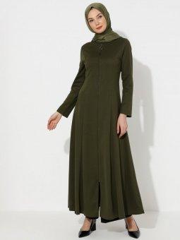 Çift Cepli Boydan Fermuarlı Haki Ferace