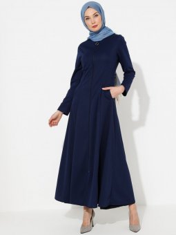 Çift Cepli Boydan Fermuarlı Lacivert Ferace