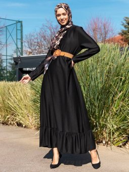 Volanlı Siyah Elbise
