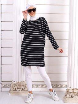Enine Çizgili Penye Siyah Tunik