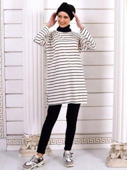 Enine Çizgili Penye Krem Tunik