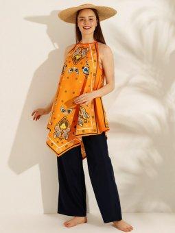 Etnik Desenli Mavi Renkli Yarım Kapalı Mayo