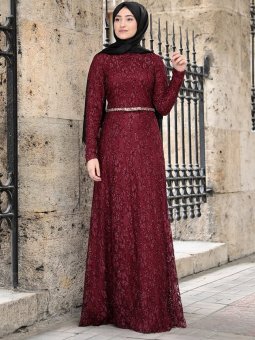 İpek Bordo Abiye Elbise