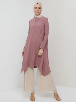 Yakası Taşlı Asimetrik Gül Kurusu Tunik