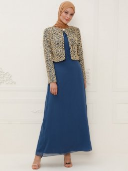 Ceketli Kolsuz İndigo Abiye Elbise