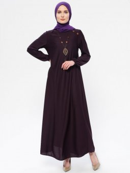 Kolyeli Bisiklet Yaka Mürdüm Elbise