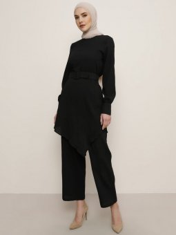 Kemer Detaylı Tunik&Pantolon İkili Siyah Takım