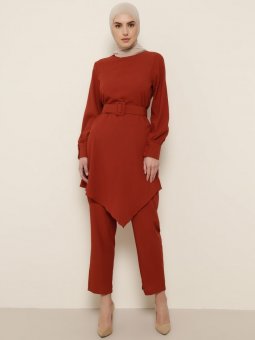 Kemer Detaylı Tunik&Pantolon İkili Kiremit Takım