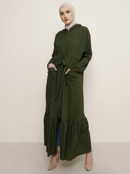 Kapüşonlu Cep Detaylı Haki Ferace