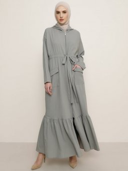 Kapüşonlu Cep Detaylı Gri Ferace