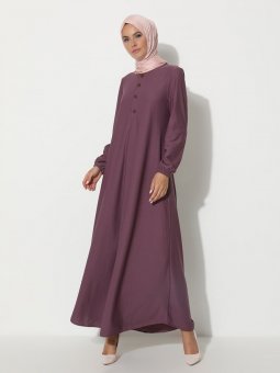 Düğme Aksesuarlı Basic Pudra Elbise