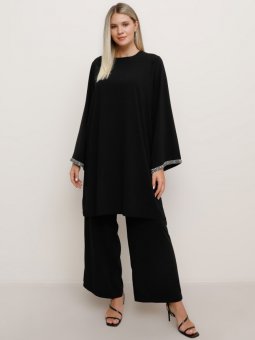 Siyah Kol Ucu Taşlı Tunik&Pantolon Abiye Takım