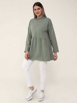 Büyük Beden Doğal Kumaşlı Kapüşonlu Yağ Yeşili Tunik