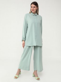 Büyük Beden Dokulu Kumaşlı Rahat Kesim Bol Kalıp Su Yeşili Pantolon