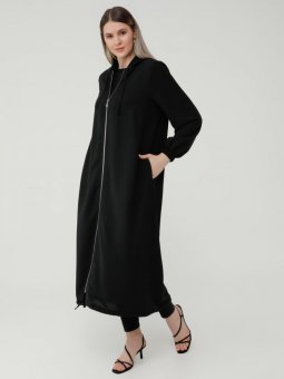 Büyük Beden Kapüşonlu Fermuarlı Siyah Kap