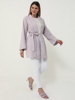 Ekose Lila Büyük Beden Dokulu Kimono Kap