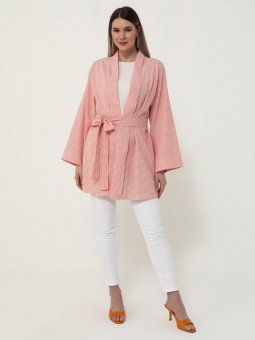 Ekose Şeftali Büyük Beden Dokulu Kimono Kap