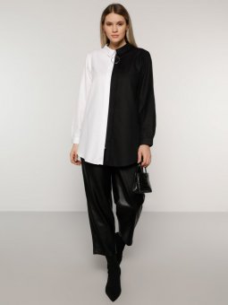 Fermuar Detaylı Garnili Siyah Beyaz Tunik