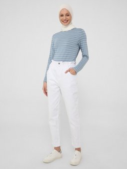 Beli Lastikli Rahat Havuç Denim Beyaz Pantolon
