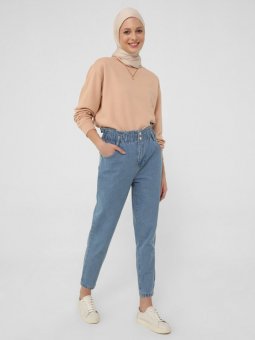 Beli Lastikli Rahat Havuç Denim Mavi Pantolon