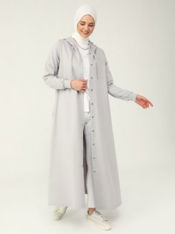 Kapüşon Detaylı Çıtçıtlı Spor Gri Pardesü