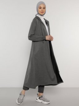 Kapüşon Detaylı Fermuarlı Spor Antrasit Pardesü